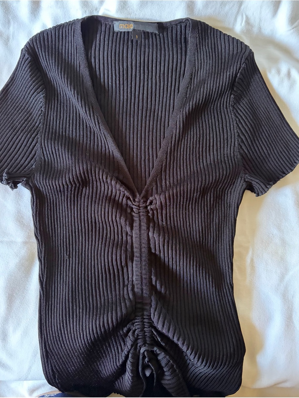 NWOT Maje Black Ribbed V‑Neck Short Sleeve Top